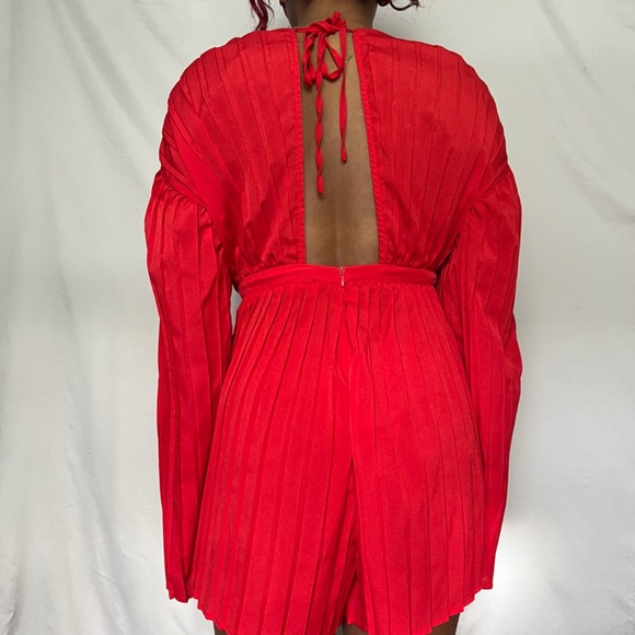 Bold Red Pleated Romper - Deep V-Neck - Picture 5 of 8